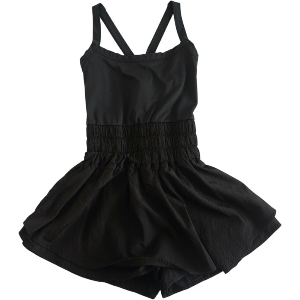 Black Sleeveless Cross Back Smocked Waist Athletic Romper Small